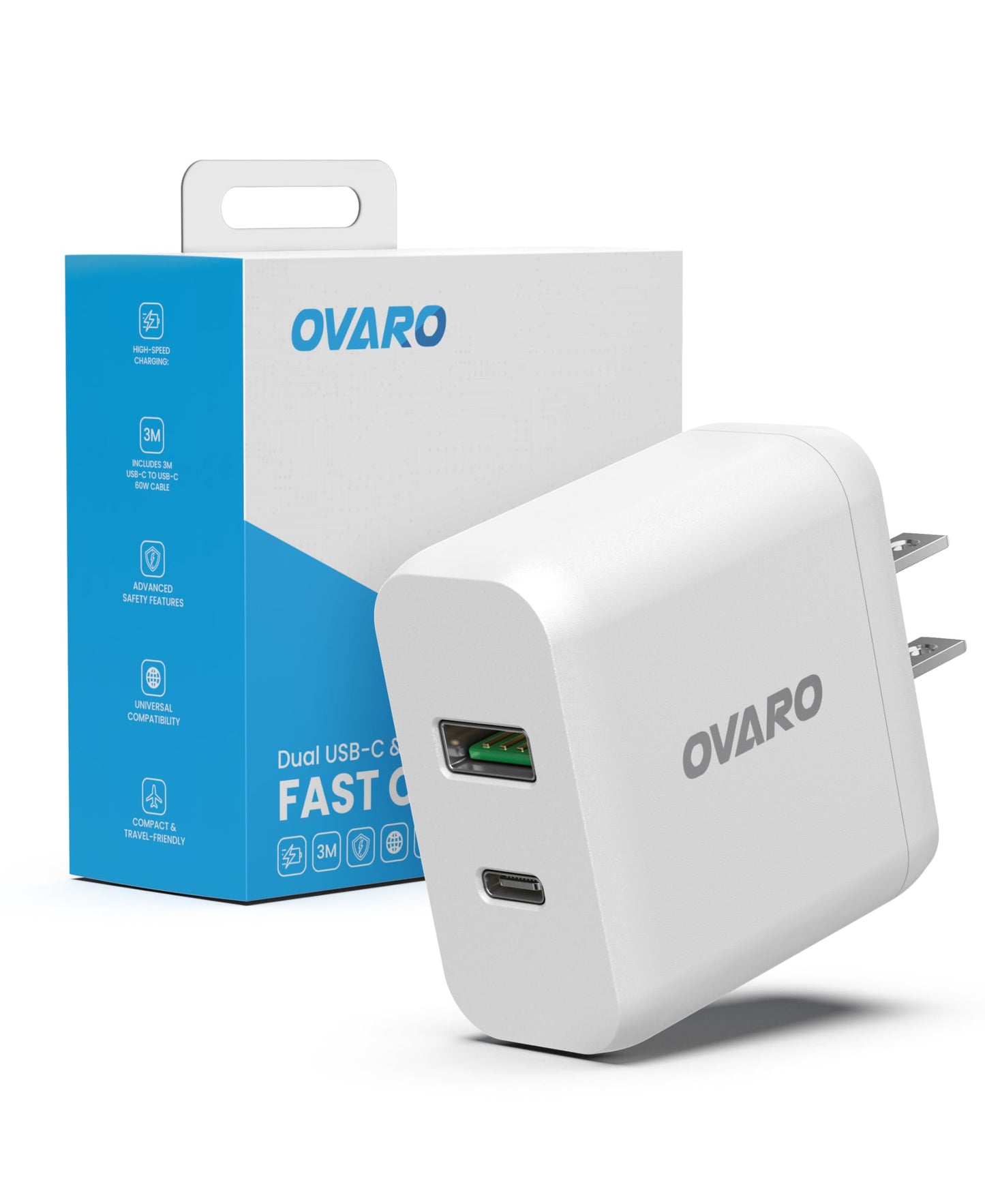 Ovaro 45W Type-C Fast Charger + 3m USB-C Cable, Dual USB-C/USB-A PD Wall Adapter for iPhone 17/17 Pro Max, New iPad Pro Air, Samsung Galaxy S24/S25