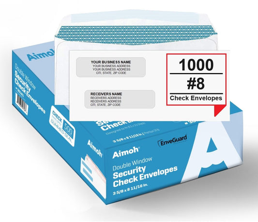 Aimoh 1000#8 Double Window Gummed Security Envelopes - for Business Checks, Size 3 ?" x 8 11???", Checks will not move - Not for Invoices, 1000 Count