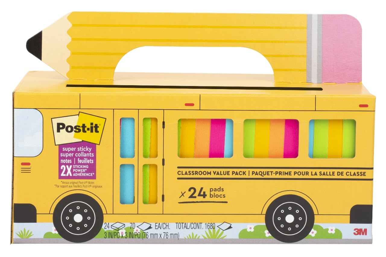 Post-it Super Sticky Notes, 3 x 3 in, Assorted Brights, 24 Pads