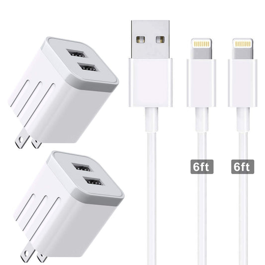 CNANKCU iPhone Charger Double USB MFi Certified Cable (6/6FT) with 2 Port Wall Charger Adapters (4-Pack) Fast Charging Block Power Plug Compatible