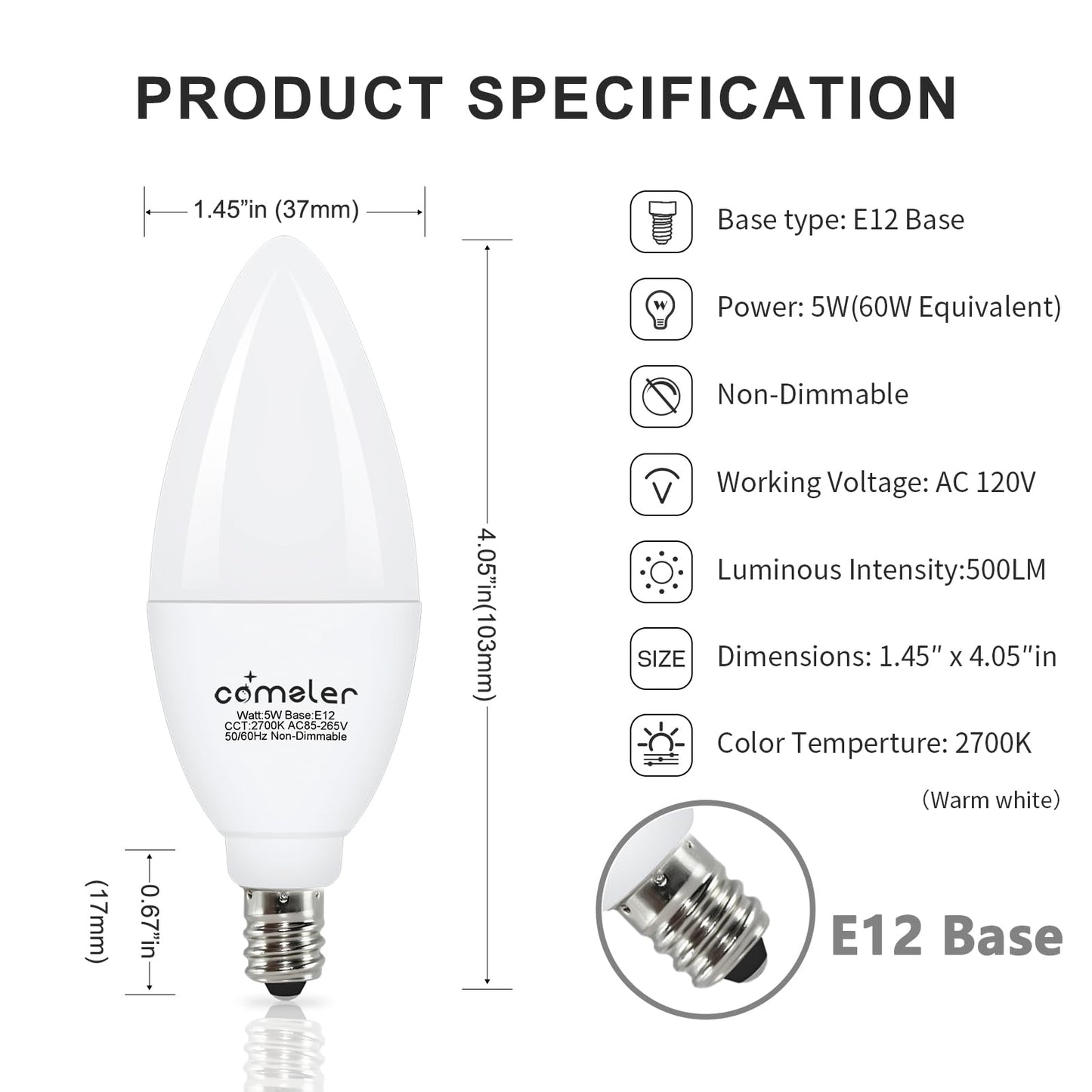 comzler E12 LED Candelabra Light Bulbs 60W Equivalent 2700K Soft White