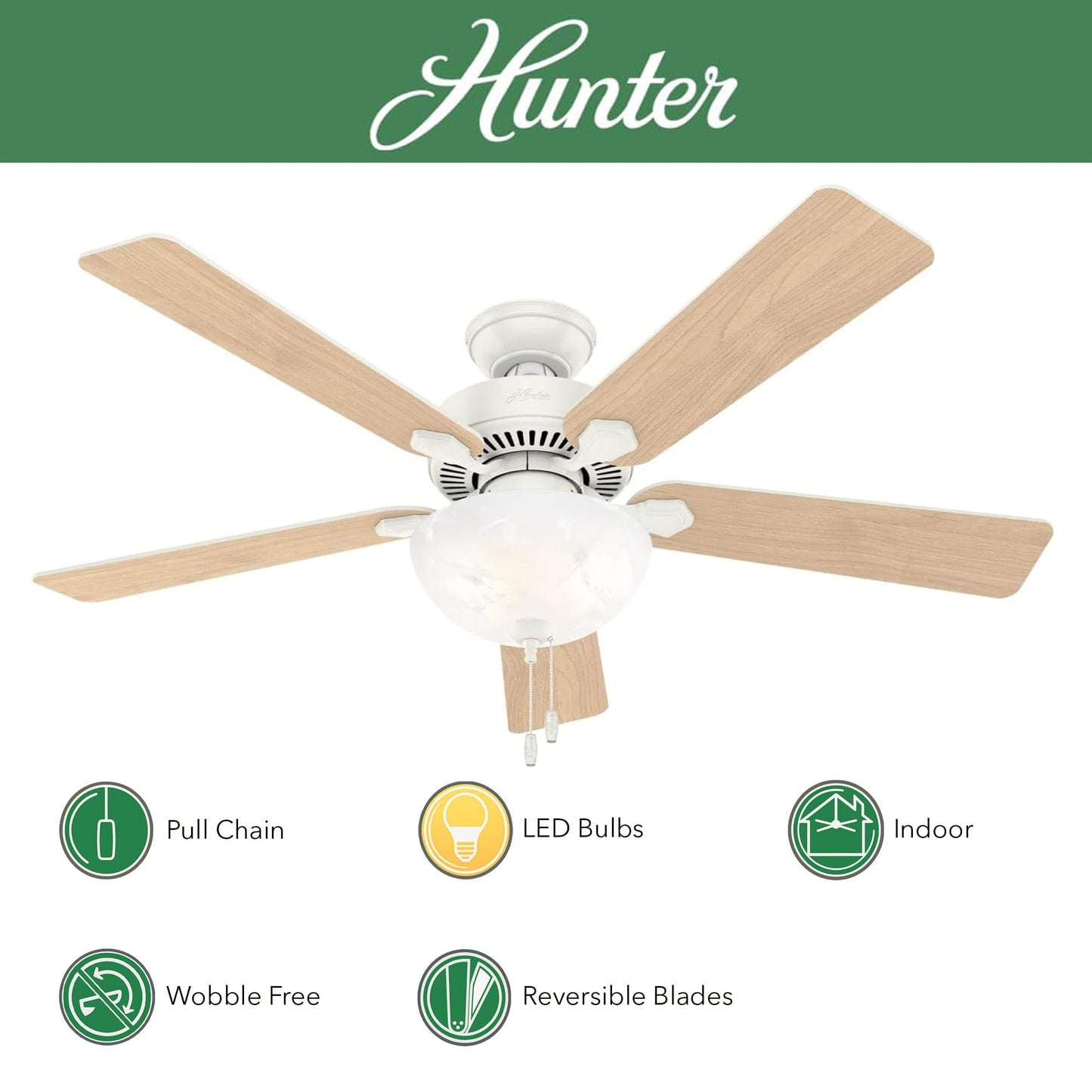 Hunter Fan 52 inch Indoor Ceiling Fan with Lights and Pull Chain, White Ceiling Fan for Bedroom, Living Room, Office, Kitchen (Renewed)