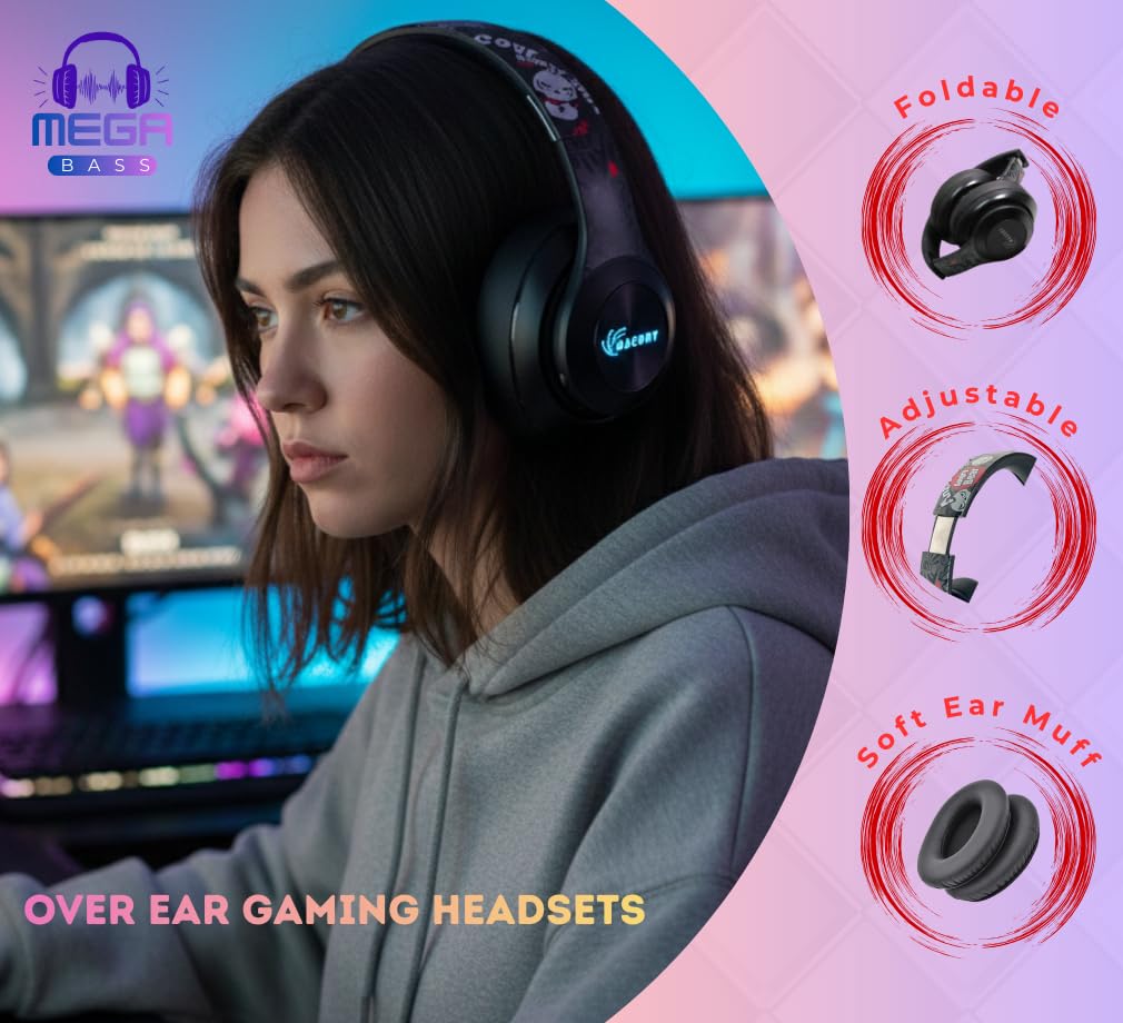 Macury Bluetooth Headphone, Over Ear, Foldable, Adjustable. Glowing Led Light, Noise Cancelling, HiFi Sound Quality (Black)
