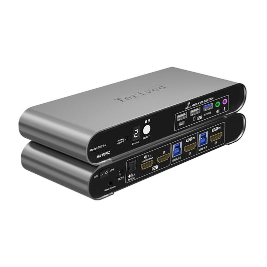 Terived 2 Computers 1 HDMI Monitor Automatic KVM Switch 8K@60Hz, Hotkey Switching, EDID, Support 5.1/7.1 Audio and Microphone, Aluminum Shell