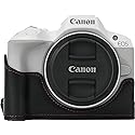 R50 Case, BMAOLLONGB Handmade PU Leather Half Camera Case Bag Cover Bottom Opening Version for Canon Eos R50 with Hand Strap (Black)