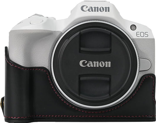 R50 Case, BMAOLLONGB Handmade PU Leather Half Camera Case Bag Cover Bottom Opening Version for Canon Eos R50 with Hand Strap (Black)