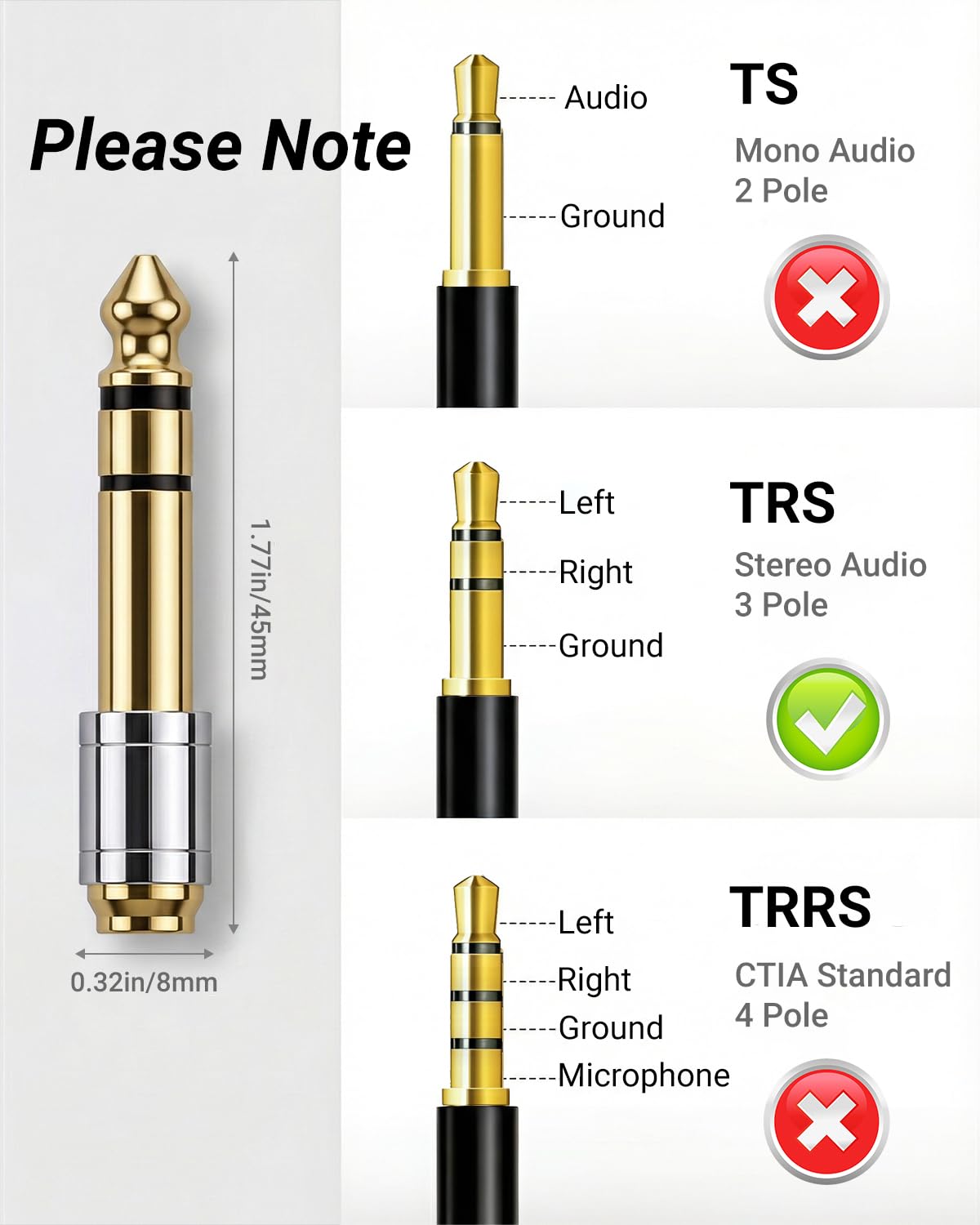 Zylveron 6.35mm (1/4 inch) Male to 3.5mm (1/8 inch) Female Headphone Adapter - 24K Gold-Plated Audio Jack Converter for Electric Piano and Drums, Amp