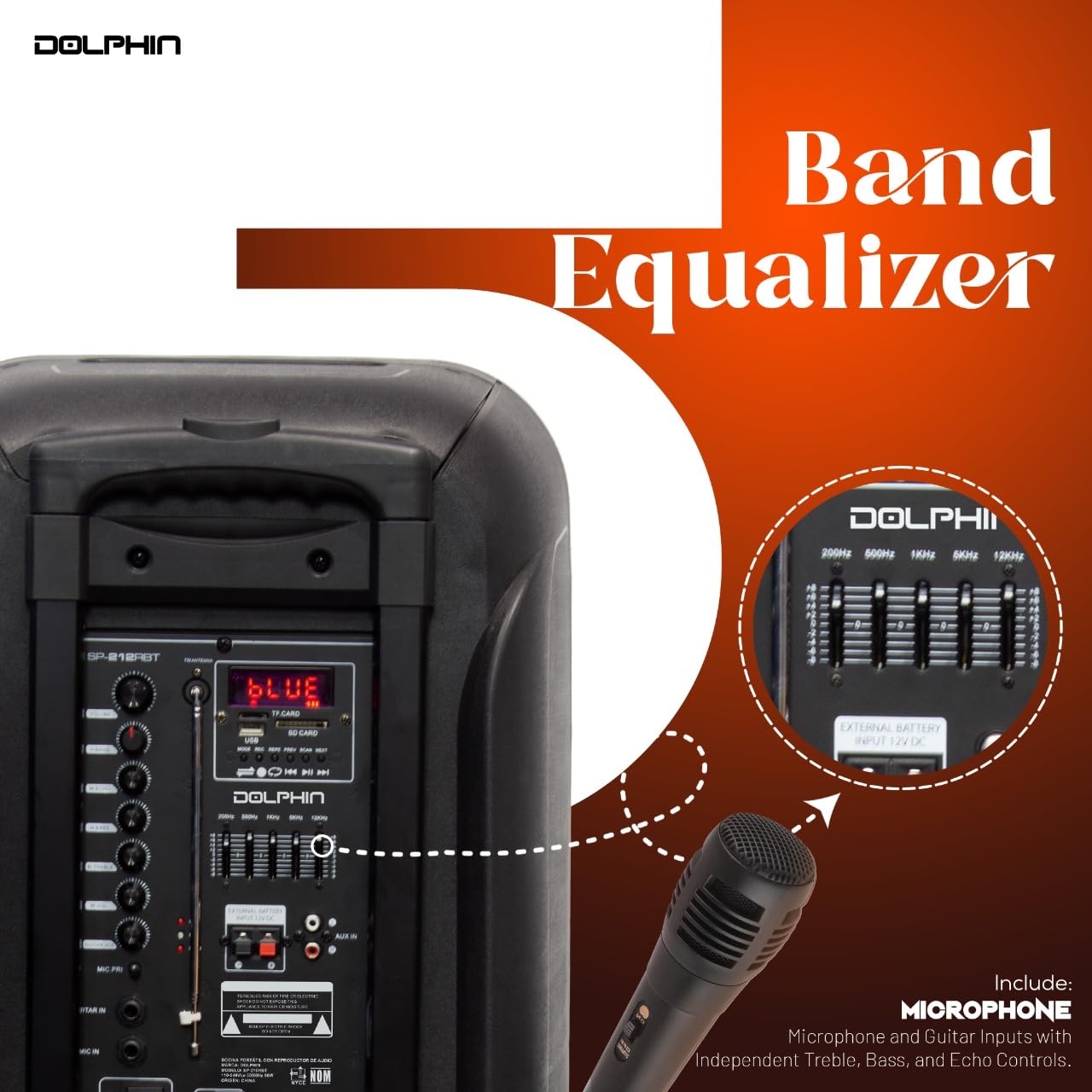 Dolphin BoxParty 212 Dual 12" Portable Bluetooth Party Speaker - Loud Sound with Deep Bass, LED Lights, PA System, 5-Band Equalizer, and Expandable