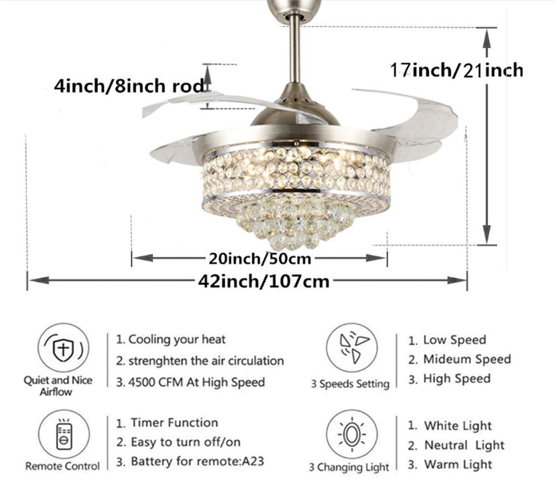 Angry Pryo 42" Crystal Ceiling Fan with Light Retractable Blades Modern LED Chandelier Remote 3 Colors 3 Speeds Silent Ceiling Fans Lighting