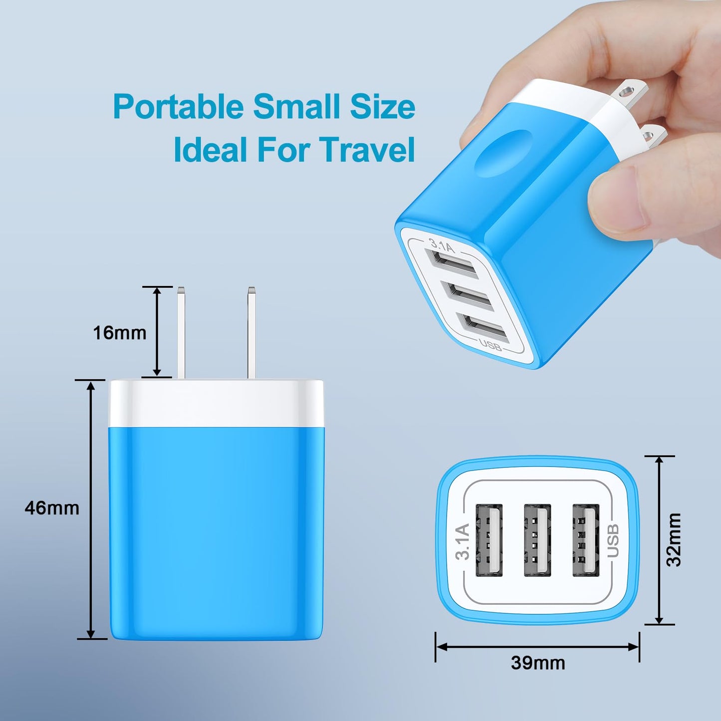 USB Charger Plug, HOOTEK 2Pack 3.1A 3-Multi Port USB Wall Charge Brick Adapter Charging Block Cube Box for iPhone 17/16e/16/15/14/13 Pro Max/12/XS/X