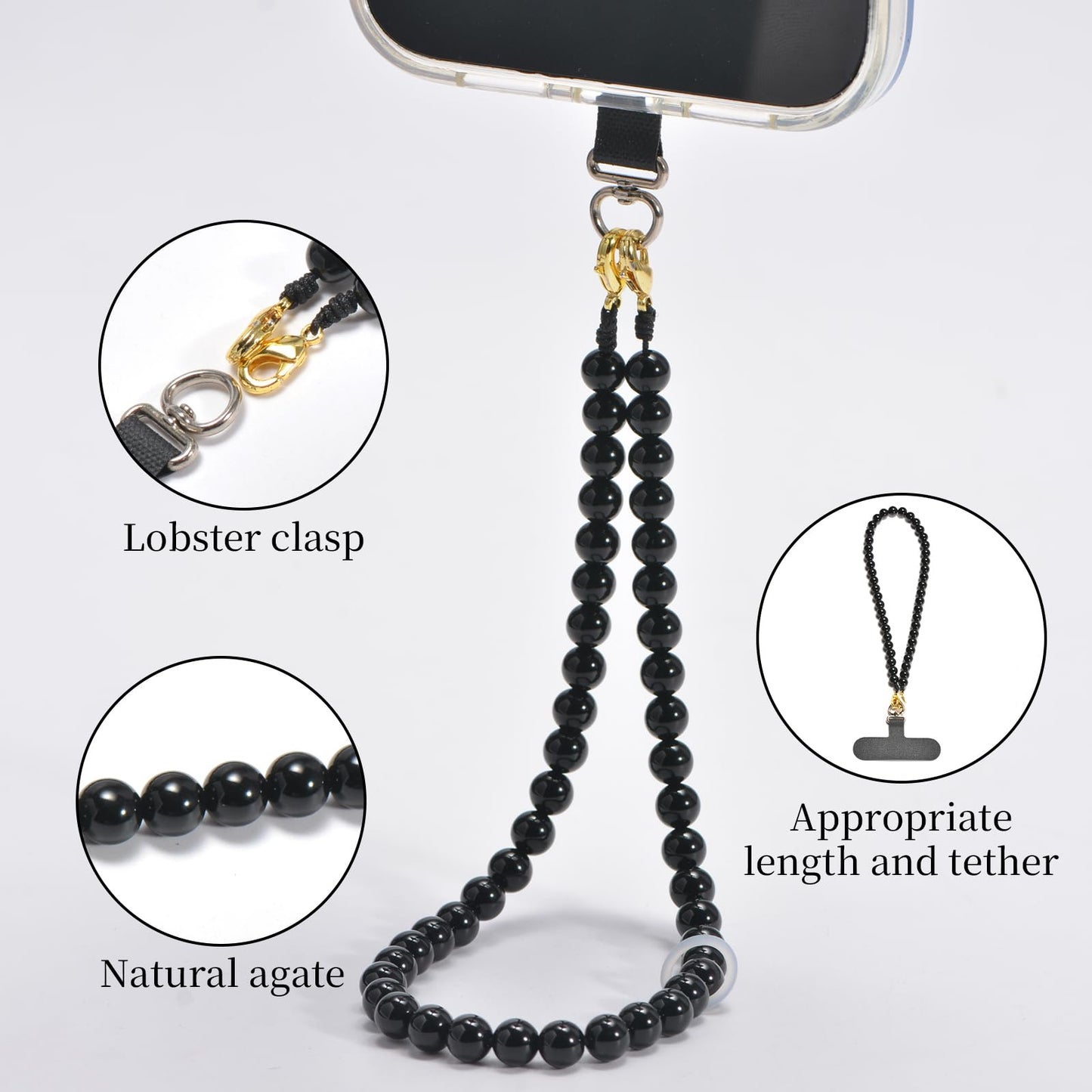 Aluckiss 8mm Agate Beaded Phone Wrist Strap for Women Men Stone Beads Charm Handmade Cellphone Chain Lanyard with Tether Tab, Camera Lanyard