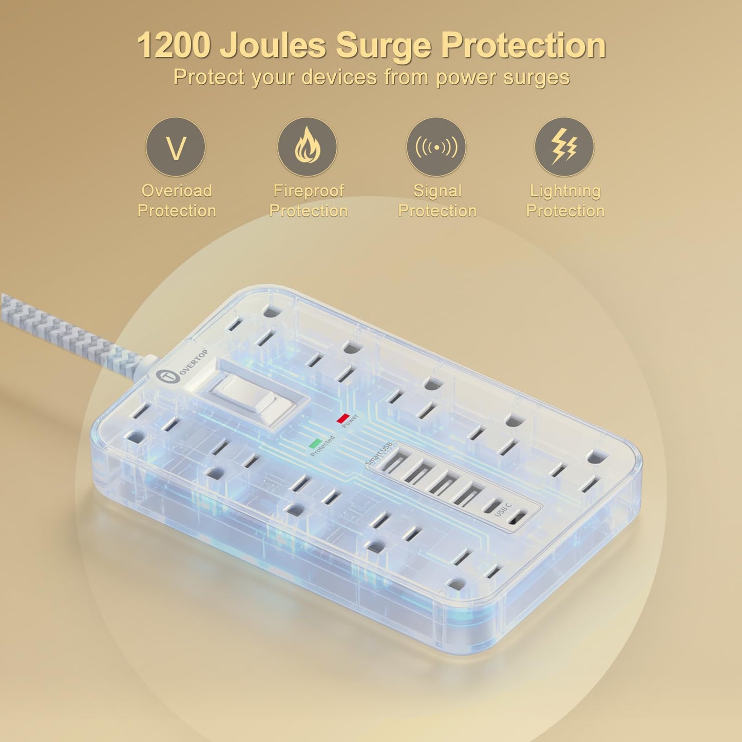 Power Strip Surge Protector, OVERTOP 5 Ft Braided Extension Cord Flat Plug, 10 Widely Spaced Outlets with 6 USB Ports (2 USB C), Wall Mount Desk