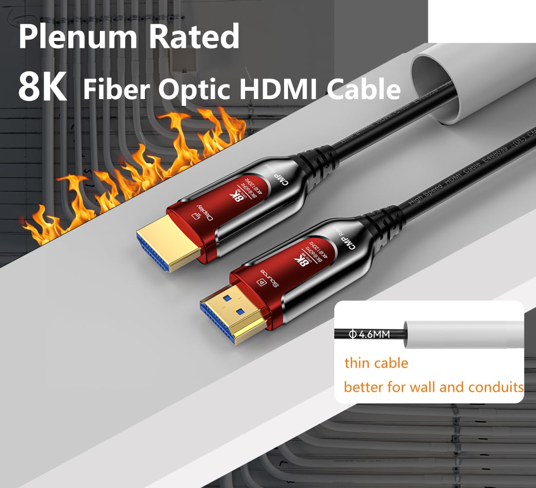 DGHUMEN 50Ft Plenum Rated HDMI Cable(CMP), 8K 48Gbps Fiber Optic Ultra High Speed Long HDMI 2.1 Cord, in Wall Plenum-Rated Cable for Pipes, Male