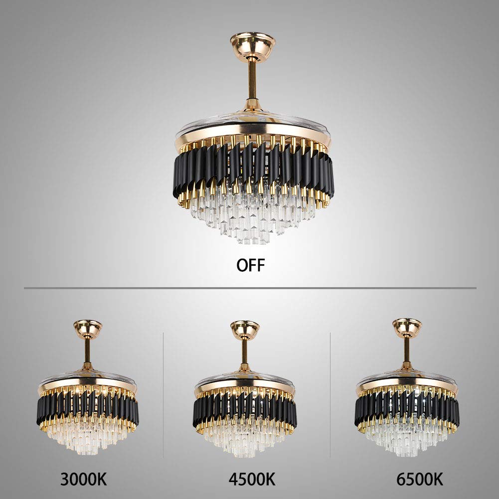Fandian 42" Crystal Ceiling Fan with Light Remote Control Chandelier Retractable Fandelier, Luxury 3 Color Lighting for Dining Room, Living Room