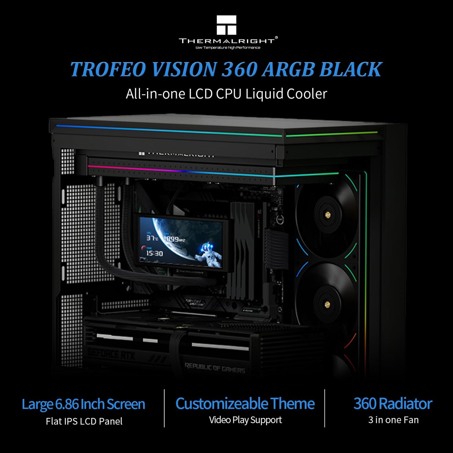 Thermalright Trofeo Vision 360 ARGB Black CPU Liquid Cooler,for AM4/AM5,Intel LGA1851/1700,6.86-inch Full Colour LCD Display with 1280x480