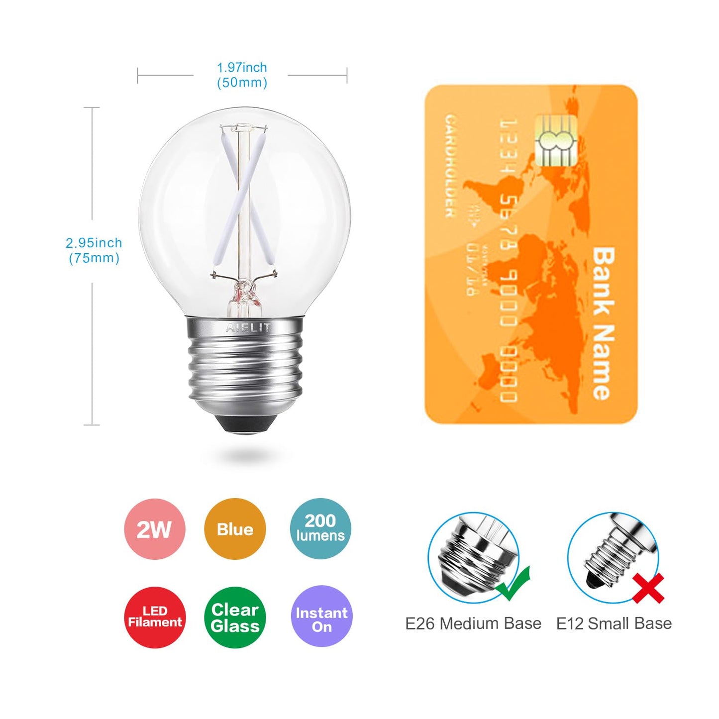AIELIT A15 Blue Light Bulbs, 25 Watt Equivalent, Energy Efficient 2W, E26 Standard Base, Dimmable Globe LED Bulb for Christmas Halloween Party