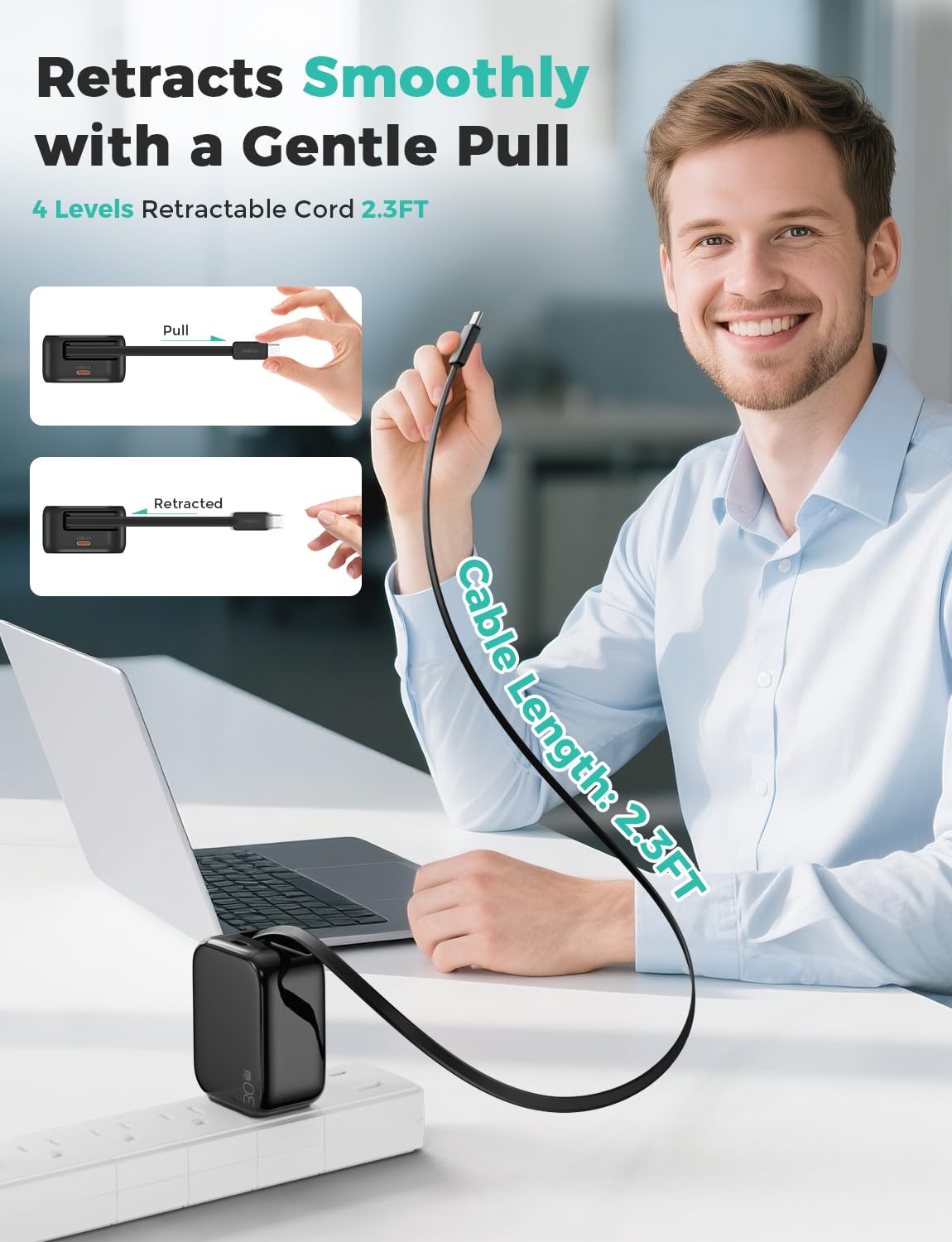 2-in-1 Retractable Wall Charger Plug with USB C Port and 27in/70cm Type C Cable,Travel Essentials 30W Fast Charging Foldable Block for iPhone