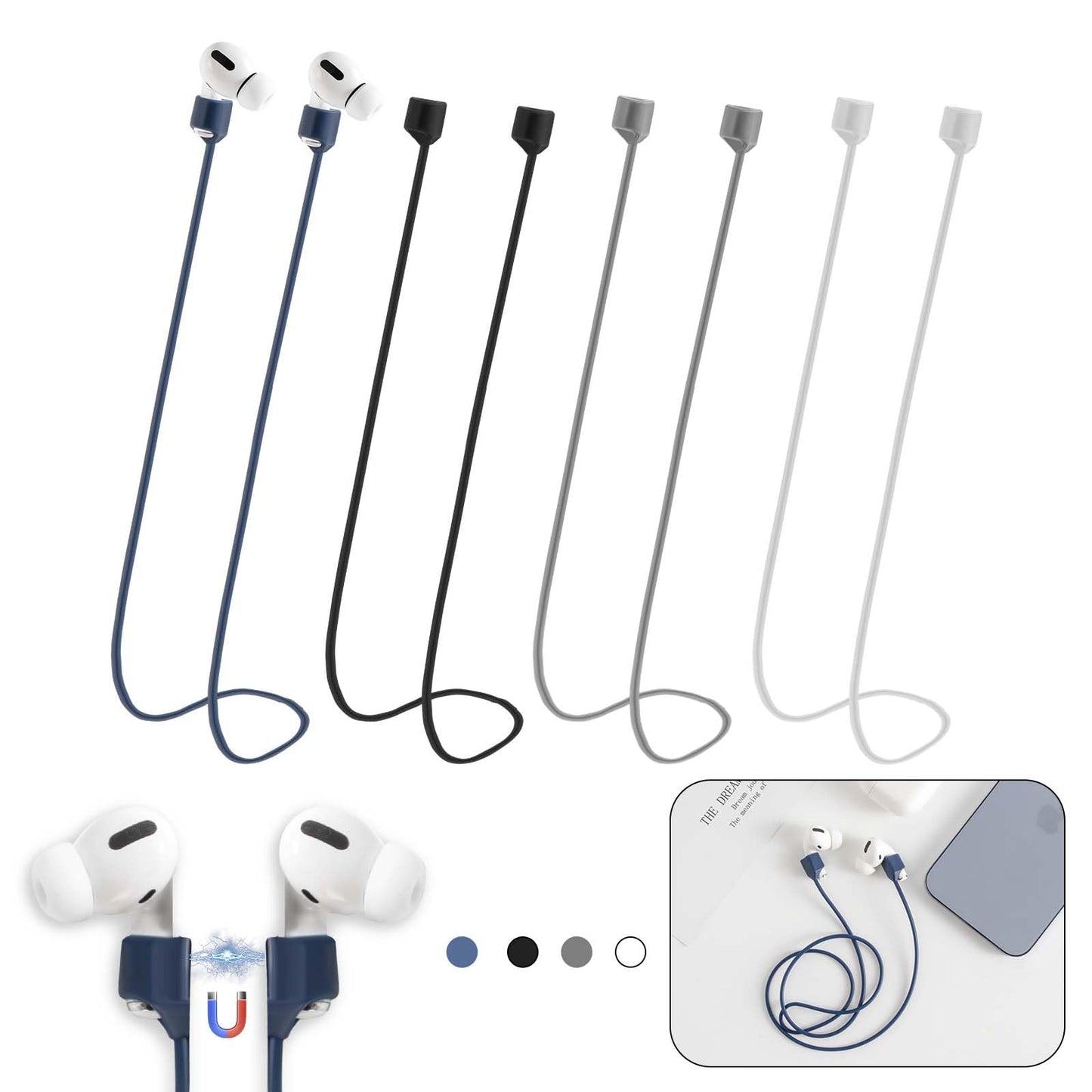 Magnetic Anti-Lost Straps for AirPods,4 Pack Ultra Strong Magnetic AirPods Strap Anti-Lost Neck Rope Cord,Soft Silicone Sports Lanyard Compatible…