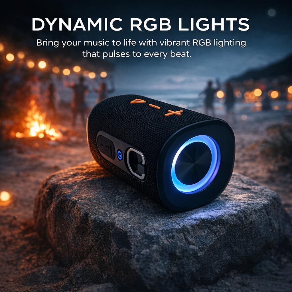 iphoenix IX119 Portable Bluetooth Speaker, Stereo Sound & Deep Bass, IPX6 Waterproof, Dynamic RGB Lights, Bluetooth 5 Wireless Pairing, 9H Playtime