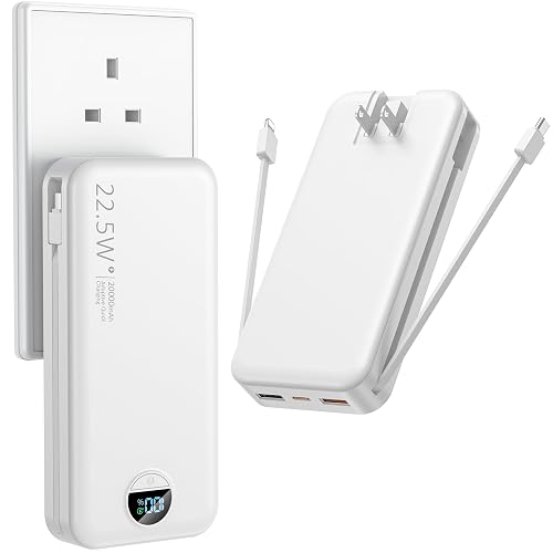 Ffnpua Portable Charger with Wall Plug, 20000mAh USB C Power Bank Fast Charging, External Battery Pack with Built in Cables, Digital Display, 5 Output