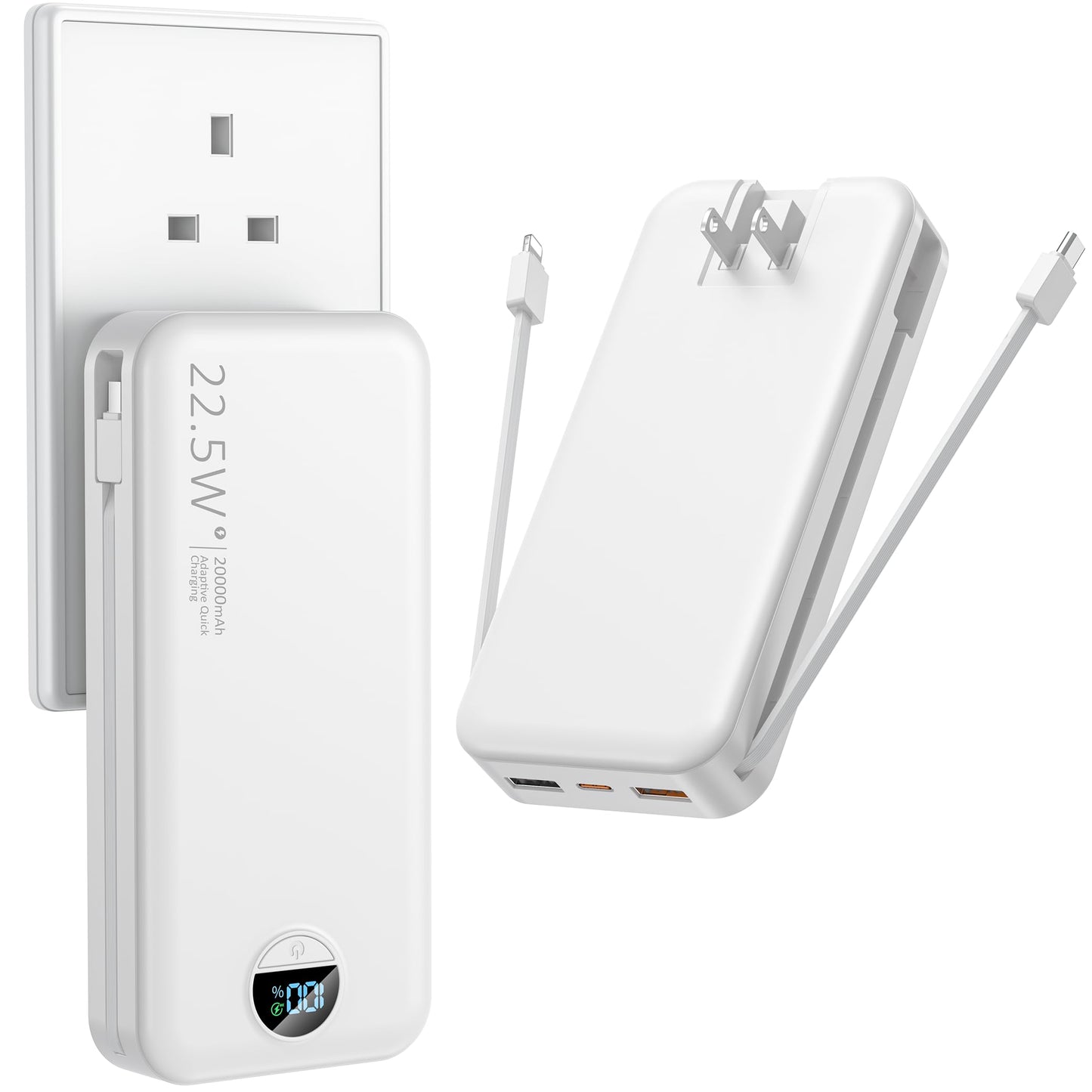 Ffnpua Portable Charger with Wall Plug, 20000mAh USB C Power Bank Fast Charging, External Battery Pack with Built in Cables, Digital Display, 5 Output
