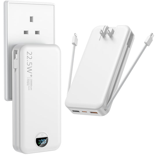 Ffnpua Portable Charger with Wall Plug, 20000mAh USB C Power Bank Fast Charging, External Battery Pack with Built in Cables, Digital Display, 5 Output