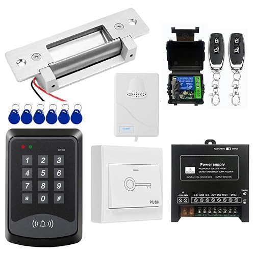 Door Access Control System RFID Keypad Electric Strike Lock Kit with Exit Button Doorbell Chime Remote Control