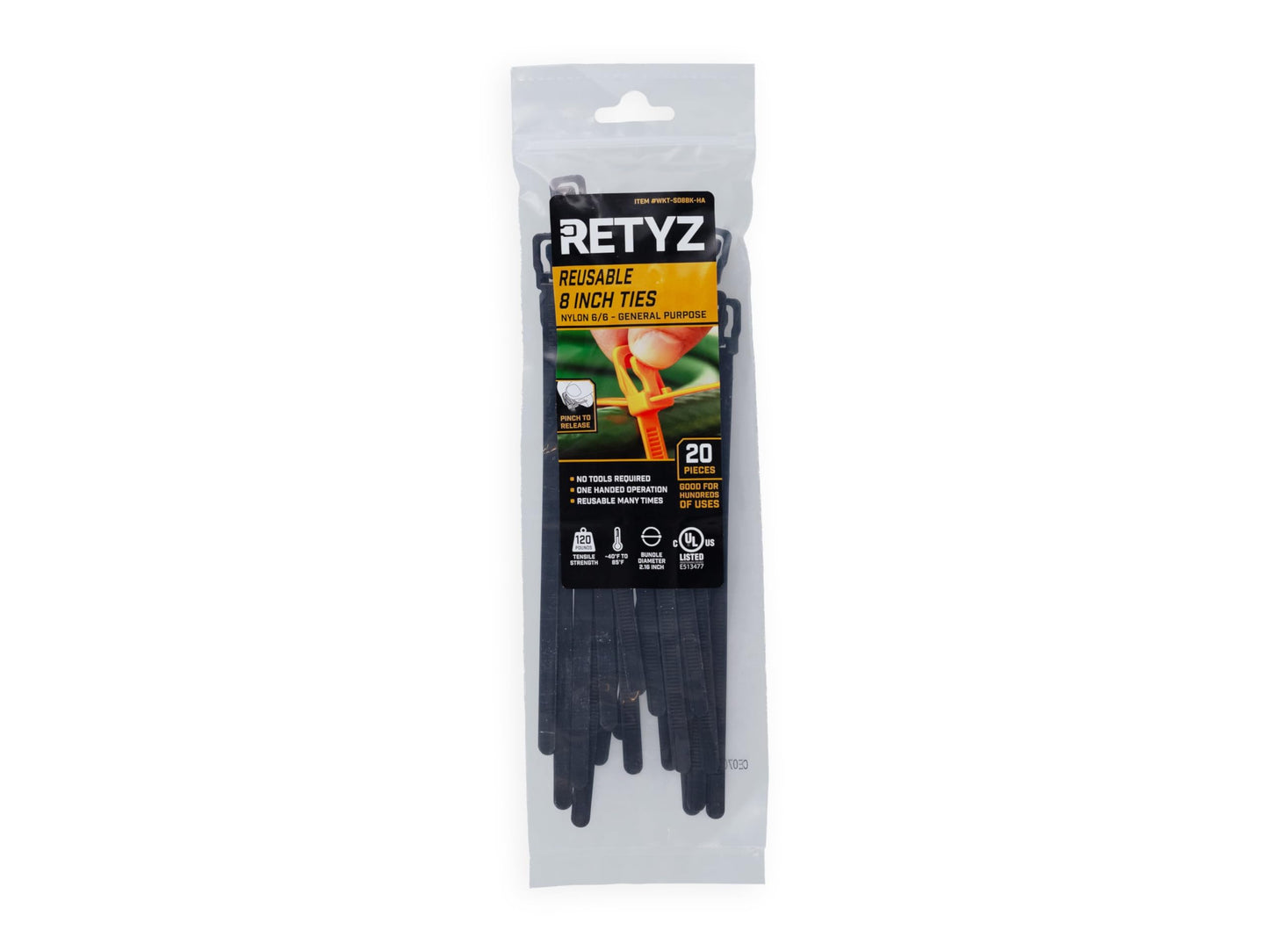 RETYZ 8-Inch Black Reusable Releasable Cable Ties - 20 Pack, 120 lb Strength, Patented Quick-Release, Heavy-Duty Design for Industrial and Commercial
