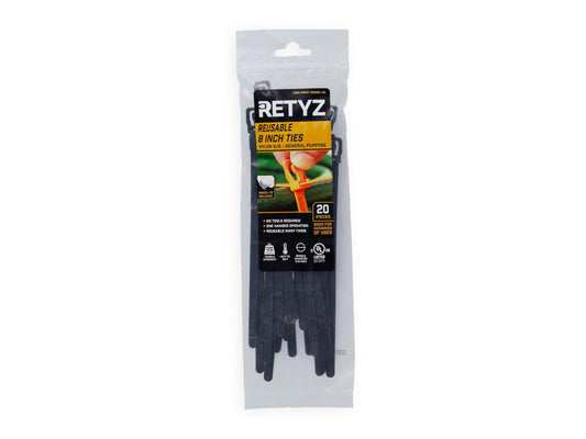 RETYZ 8-Inch Black Reusable Releasable Cable Ties - 20 Pack, 120 lb Strength, Patented Quick-Release, Heavy-Duty Design for Industrial and Commercial