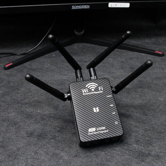 Fangweida Dual Band WiFi Repeater, 1200M Router with 4 Antennas, Carbon Fiber Design, Black