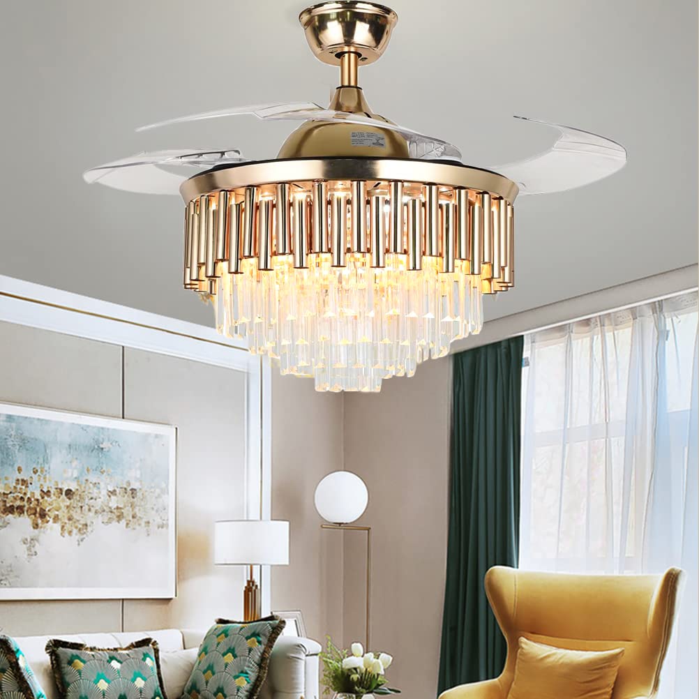 Fandian Crystal Ceiling Fan with Light Remote Control Fandelier, Modern Retractable Luxury Chanmdeliers Fan with 3 Color Change LED Light 3 Speed