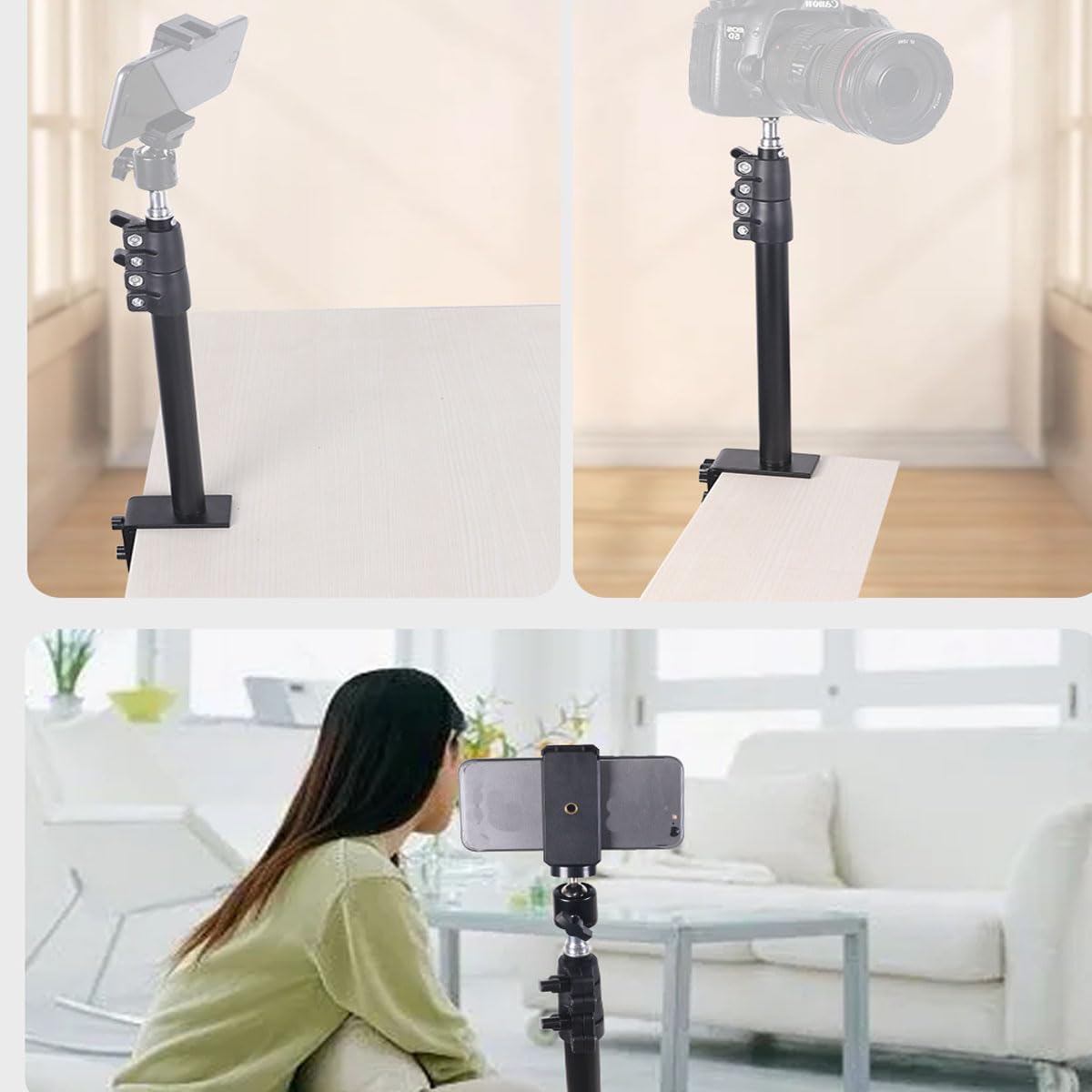 Camera Desk Mount Table Stand - Height & Angle Adjustable Light Stand 360° Rotation, Lightweight Aluminum for Live Streaming, Video Conferencing |