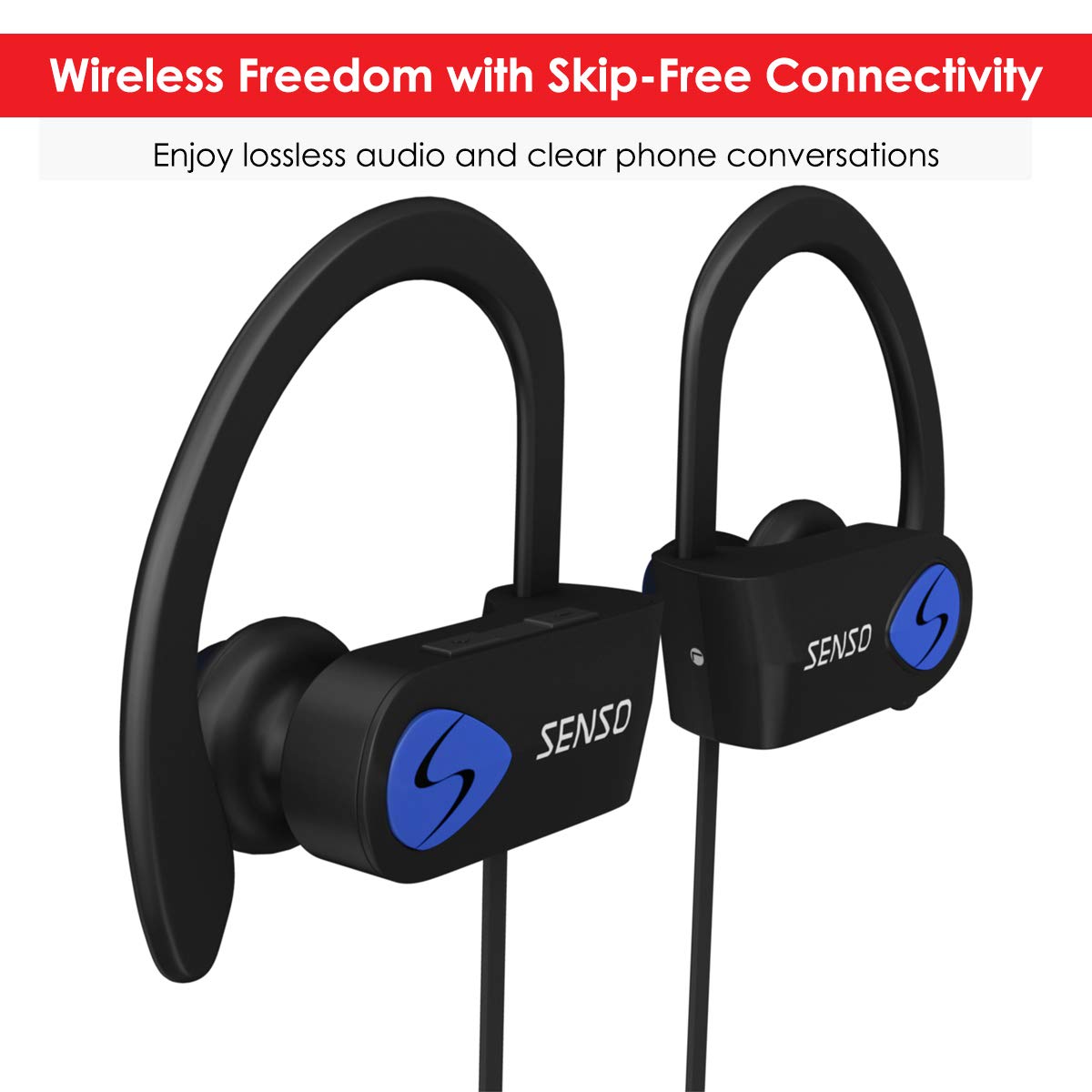 Senso Bluetooth Headphones, Best Wireless Sports Earphones w/Mic IPX7 Waterproof HD Stereo Sweatproof Earbuds for Gym Running Workout 8 Hour Battery