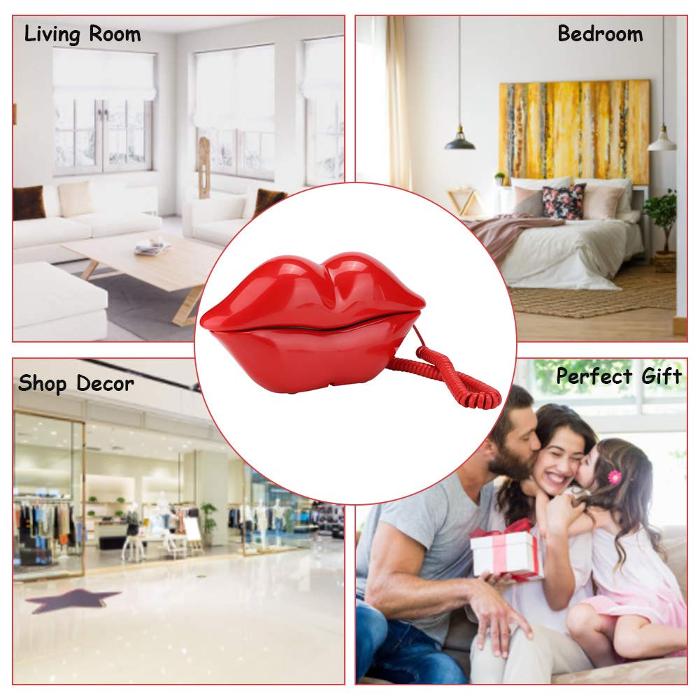 Corded Landline Phone, Multi Functional Cute Red Lip Shape Telephone Classic Old Retro Desk Telephone for Home Hotel Office Decoration Kids Gift
