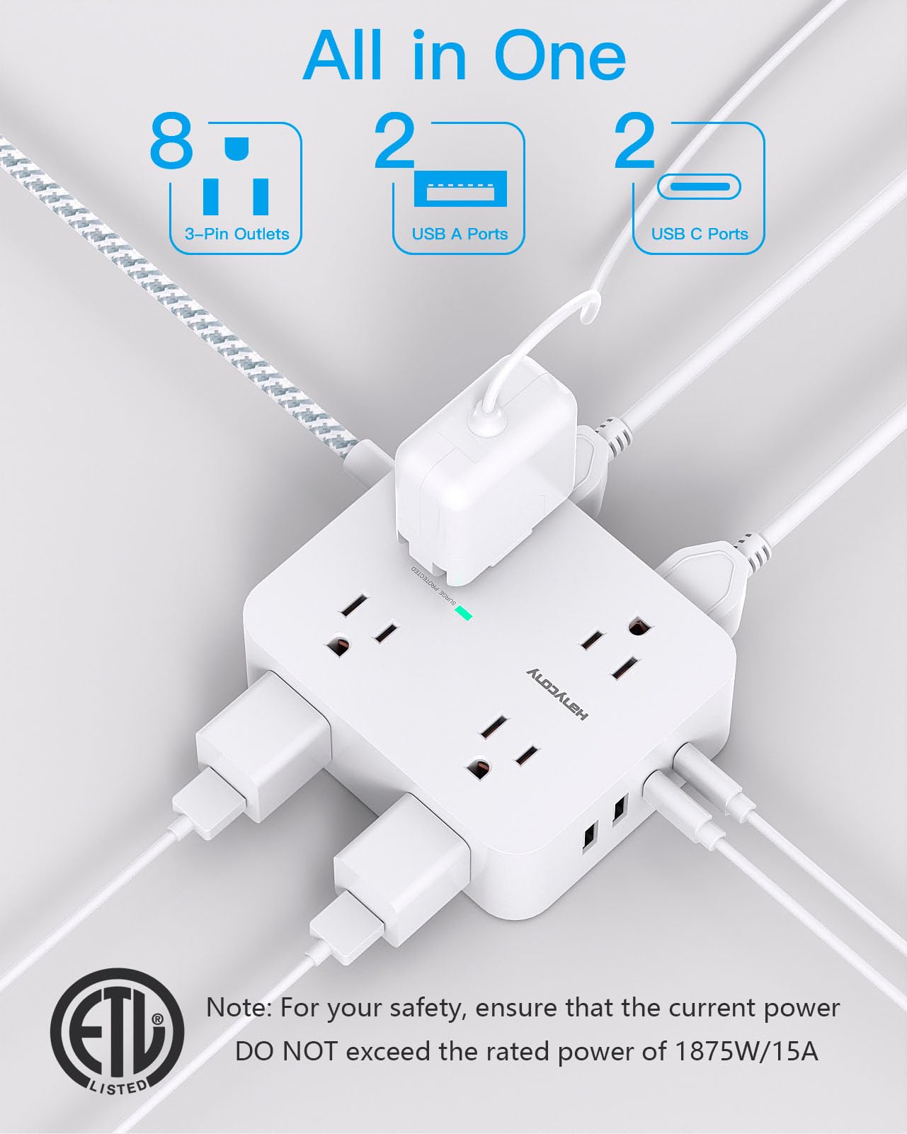 Surge Protector Power Strip - HANYCONY 8 Outlets 4 USB (2 USB C) Charging Ports, Multi Plug Outlet Extender, 5Ft Braided Extension Cord, Flat Plug
