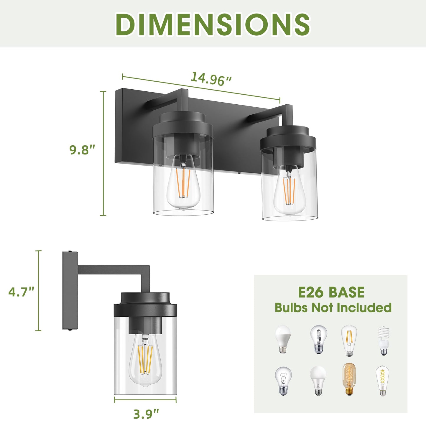 Espird Bathroom Vanity Fixtures, 2 Light Matte Black Vanity Light with Clear Glass Shade, 15in Farmhouse wall Light, Lighting Fixture Over Mirror