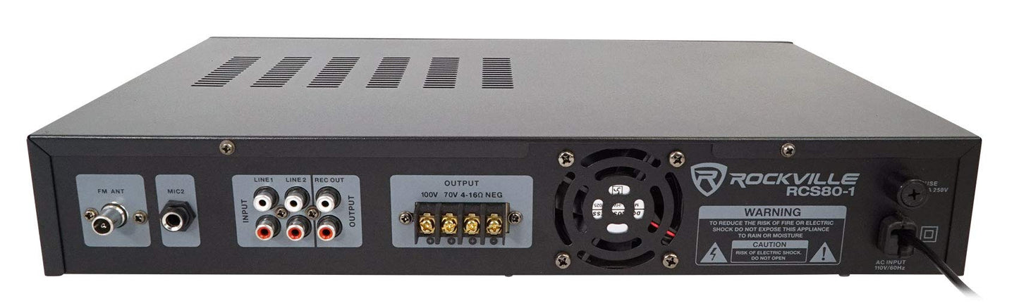 Rockville RCS80-1 60 Watt 70V/100V Commercial Amplifier/Bluetooth 5.0 Receiver, Supports 4/8/16 Ohm Speakers, USB/SD/FM/RCA/Mic, for Restaurants