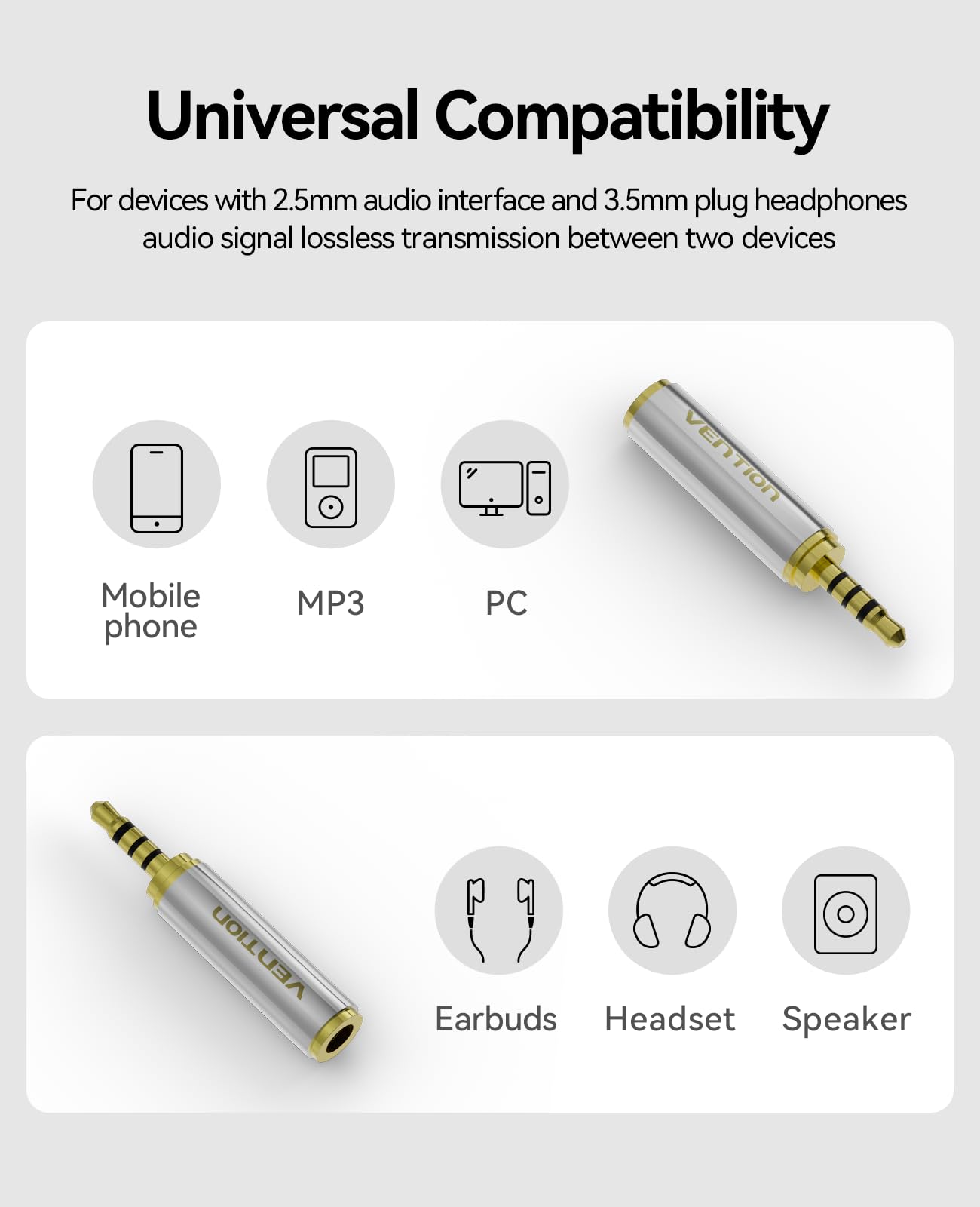 VENTION 3.5mm Female to 2.5mm Male Audio Adapter Converter Premium Quality Headphone Earphone Headset 2.5mm Male to 3.5mm Female Audio Connector Gold