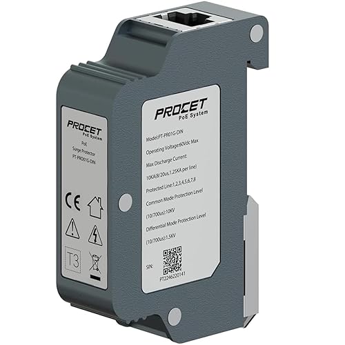 PROCET 10KV DIN Rail PoE Surge Protector IEEE802.3bt/PoE++ Up to 120W Gigabit PoE 10KV Lightning Suppressor, -40? to 185?, Industrial Zinc Alloy, Gas