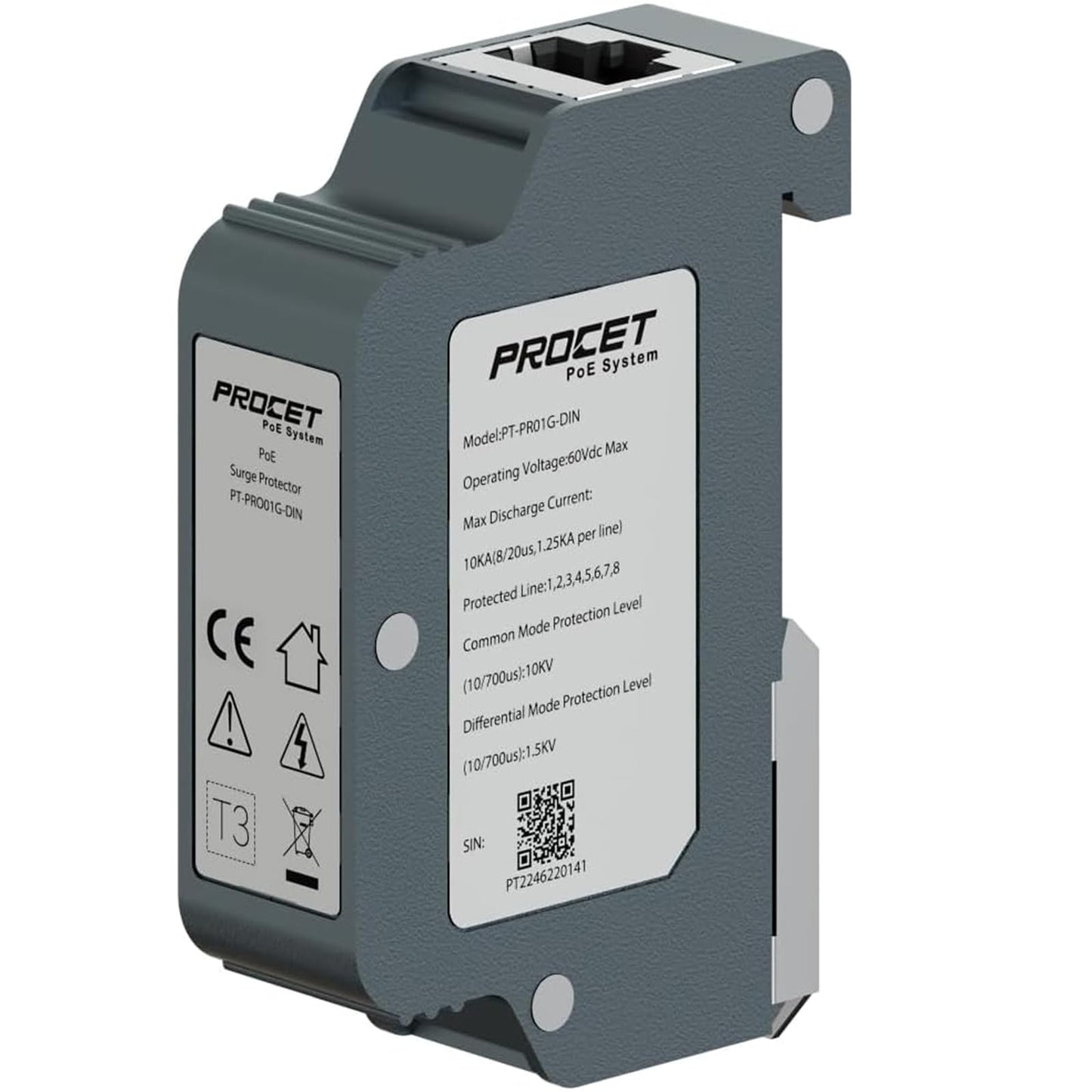 PROCET 10KV DIN Rail PoE Surge Protector IEEE802.3bt/PoE++ Up to 120W Gigabit PoE 10KV Lightning Suppressor, -40? to 185?, Industrial Zinc Alloy, Gas