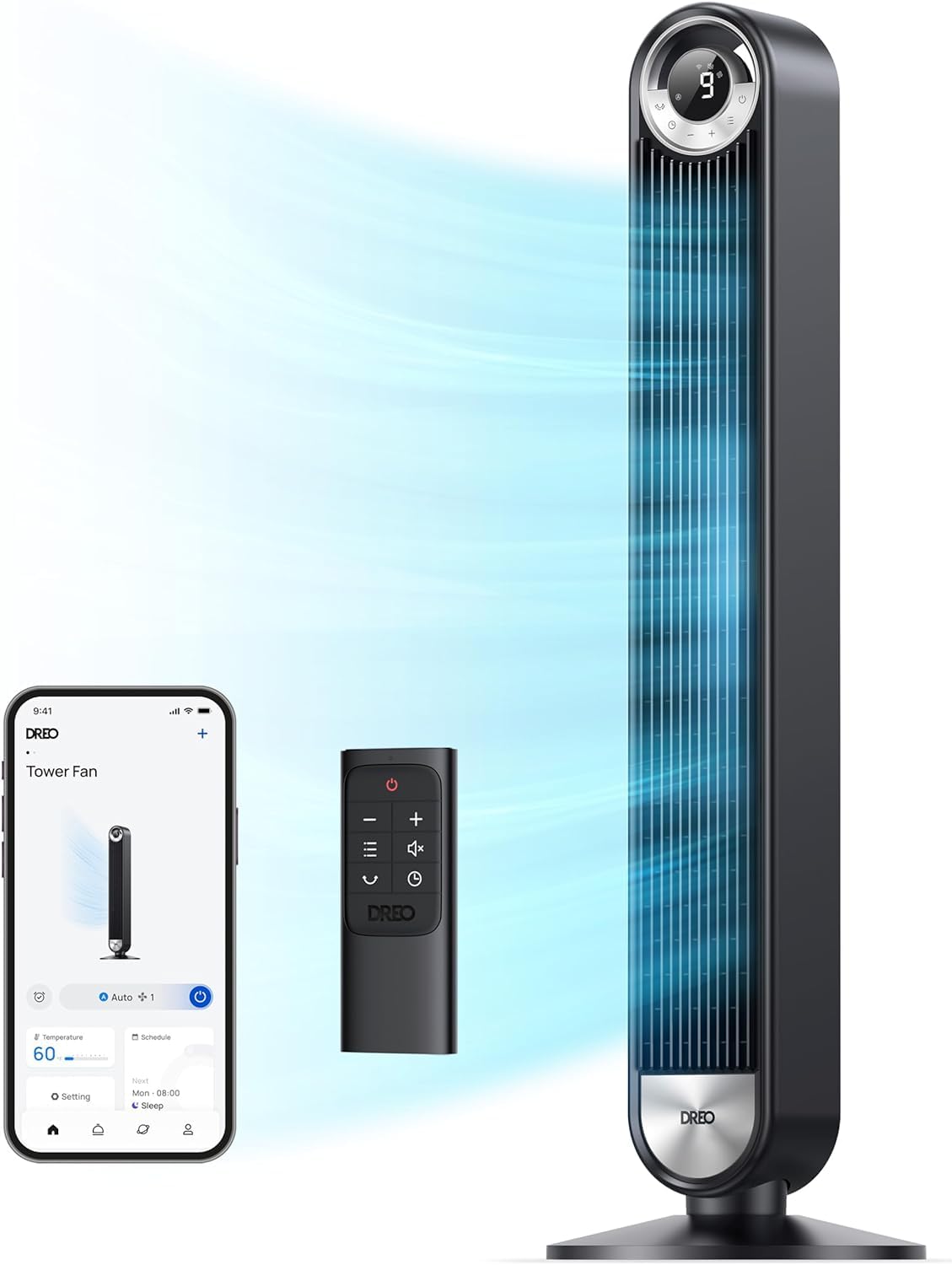 DREO Smart Tower Fans for Home, 90° Oscillating Fan Bedroom Indoors, Voice Control Floor with 12H Timer, 42 Inch Quiet Bladeless Standing LED Display