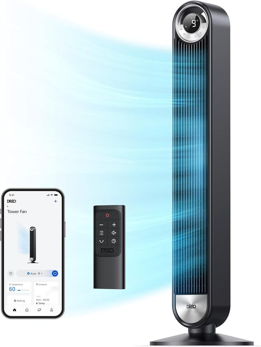 DREO Smart Tower Fans for Home, 90° Oscillating Fan Bedroom Indoors, Voice Control Floor with 12H Timer, 42 Inch Quiet Bladeless Standing LED Display