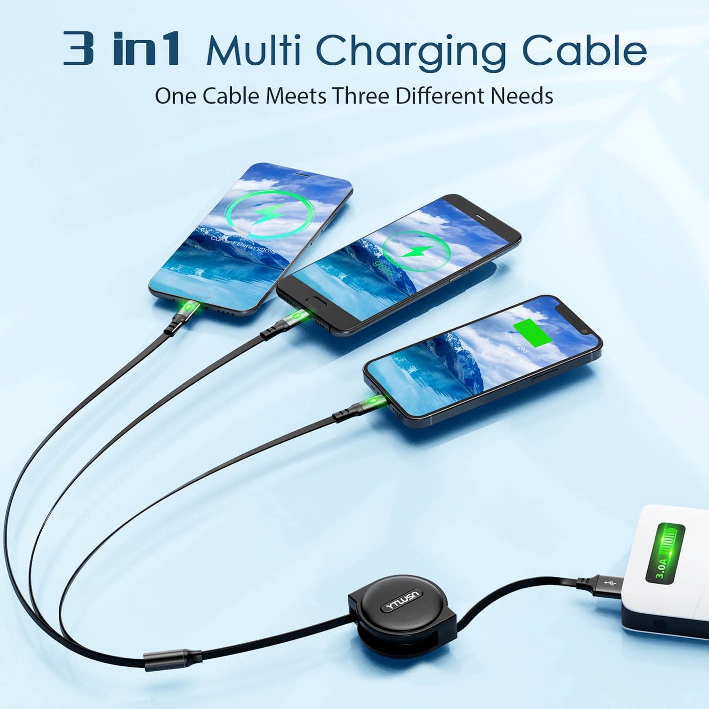 Coiled Multi Charging Cable 3A, 2Pack Retractable Lightning Cable, Multi Charger Cable 4Ft for Car, Retractable Car Charger with IP/Type C/Micro Ports