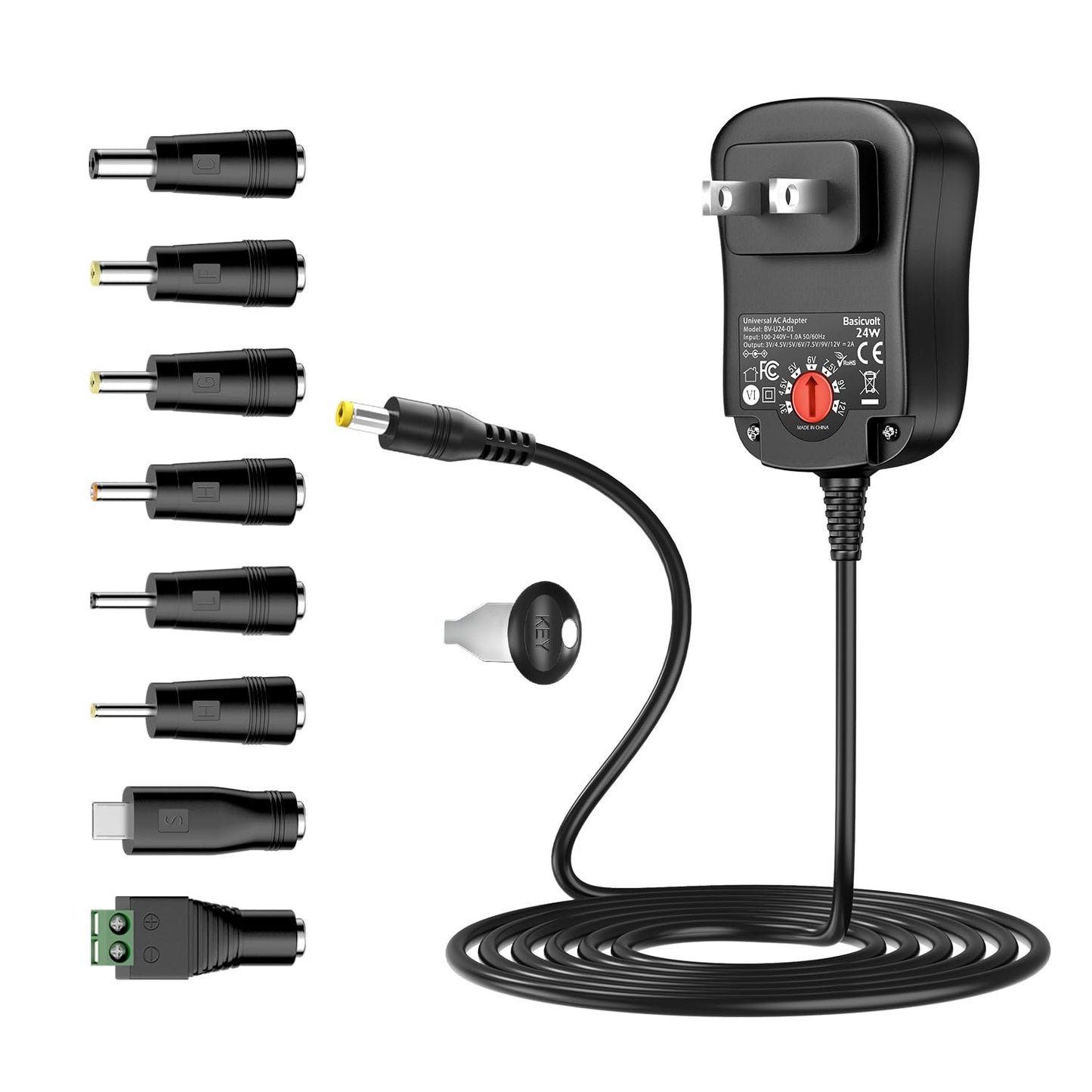 Basicvolt 24W 3V 4.5V 5V 6V 7.5V 9V 12V Universal AC/DC Adapter Multi-Voltage Regulated Switching Power Supply with 8 Round DC Plugs for LED Strip…