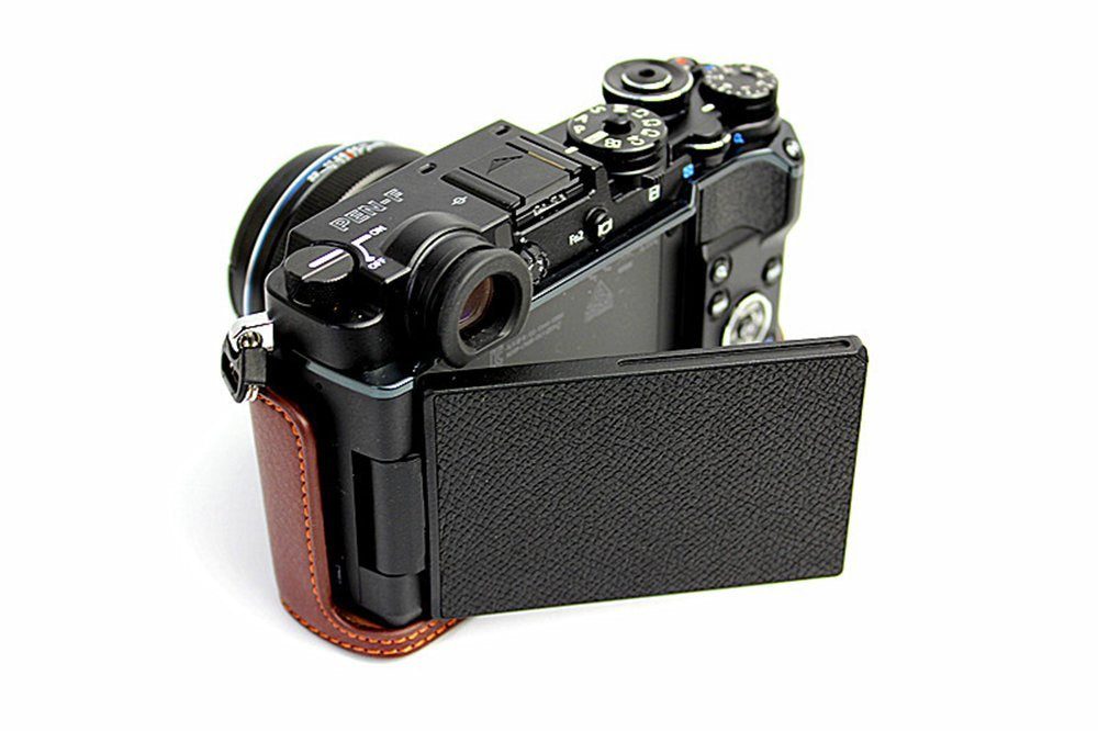 PEN-F Case, BolinUS Handmade Genuine Real Leather Half Camera Case Bag Cover for Olympus PEN-F Bottom Opening Version + Hand Strap - Coffee