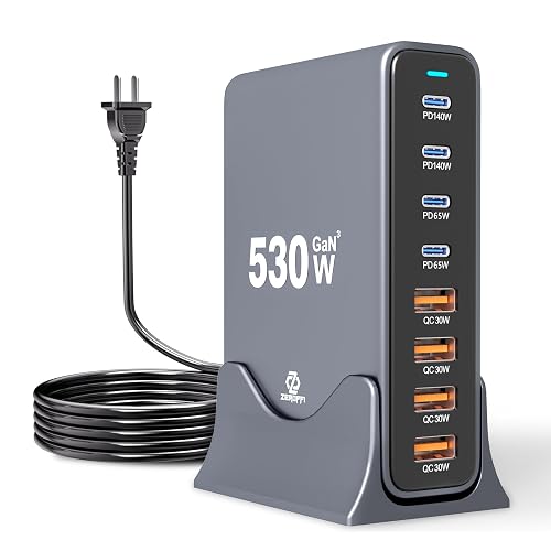 Zeroffi 530W USB C Charging Station, 8-Port Desktop Charger, PD 140W PD 65W QC 30W GaN ? Fast USB Charger Block for MacBook, Ipad, iPhone, Samsung