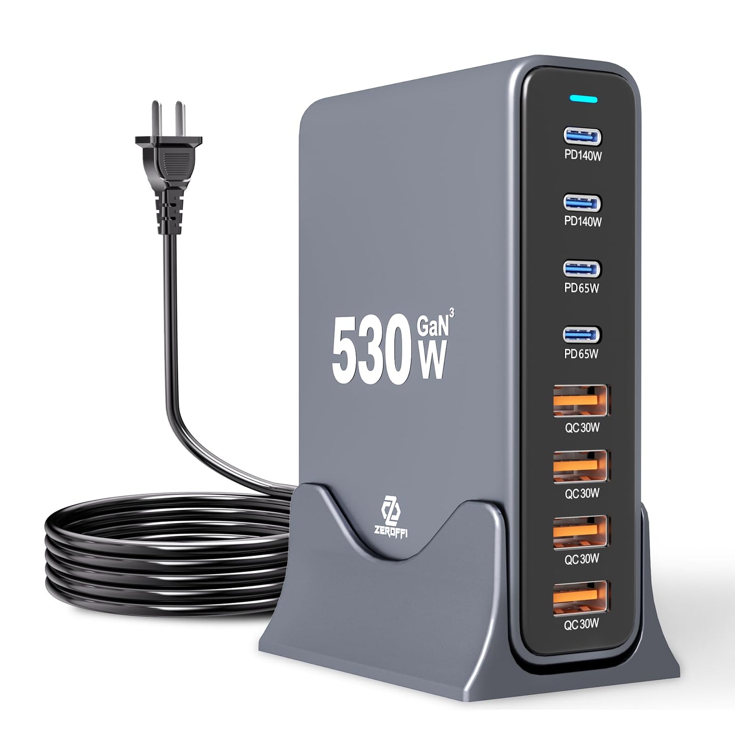 Zeroffi 530W USB C Charging Station, 8-Port Desktop Charger, PD 140W PD 65W QC 30W GaN ? Fast USB Charger Block for MacBook, Ipad, iPhone, Samsung