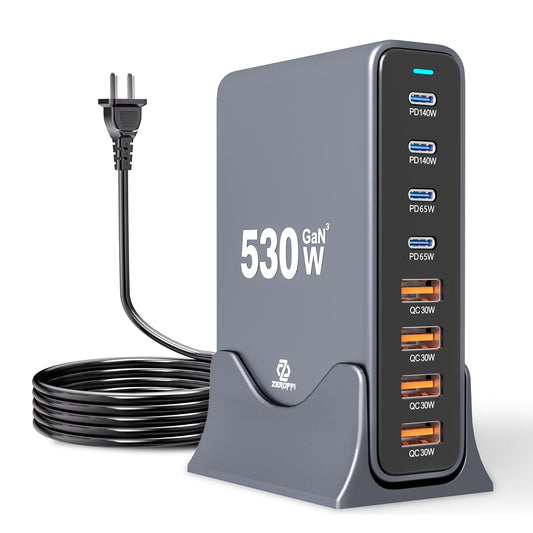 Zeroffi 530W USB C Charging Station, 8-Port Desktop Charger, PD 140W PD 65W QC 30W GaN ? Fast USB Charger Block for MacBook, Ipad, iPhone, Samsung