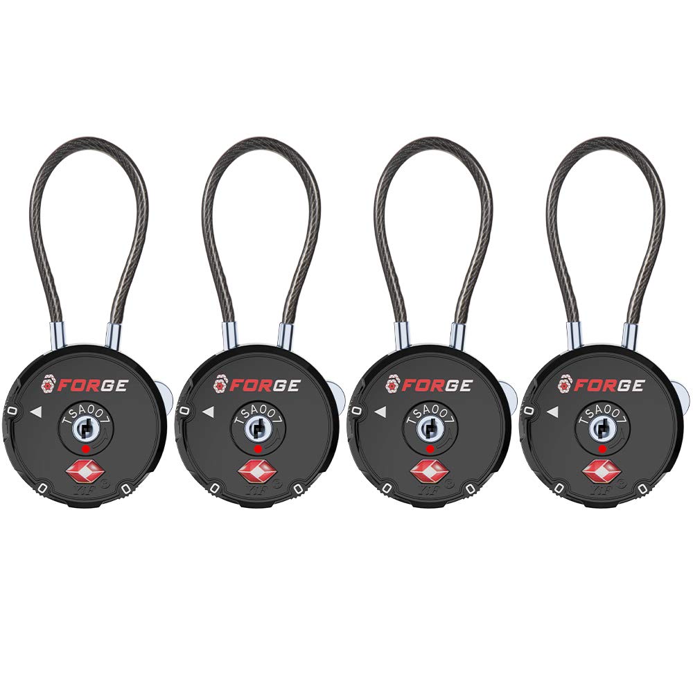 Forge TSA Approved Luggage Locks – 4 Pack Combination Travel Locks with Zinc Alloy Cable for Suitcases, Pelican Case, Ammo Box & Bags