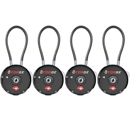 Forge TSA Approved Luggage Locks – 4 Pack Combination Travel Locks with Zinc Alloy Cable for Suitcases, Pelican Case, Ammo Box & Bags
